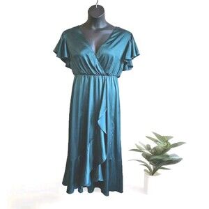 nicole miller dress size large Green Satin Midi Holiday Party Event